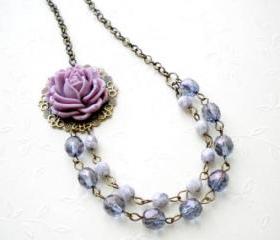 Bib Necklace - Purple Flower Necklace - Vintage Necklace - Bridesmaid Necklace