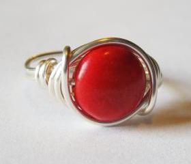 Red Magnesite Gemstone Ring in Silver, Wire Wrapped Jewelry