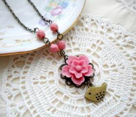 Pink Flower Necklace - Bridesmaid Necklace - Bird Necklace - Vintage Necklace