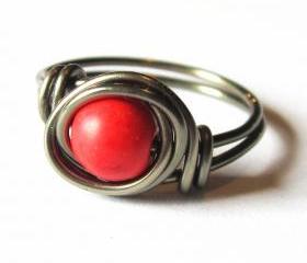 Red Magnesite Ring wire wrapped in gunmetal