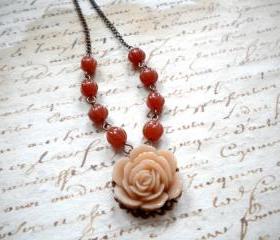 Flower Necklace with Latte Rose Cabochon and Caramel Glass