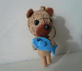 Cute String bear with fish miniature animal Christmas ornament doll key chain holder