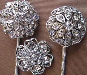 Wedding Hair Pins, Bridal Accessories, Bridesmaids Hair Accessories, Crystal Hair pins, Set of 3, Crystal Floral Hair Piece