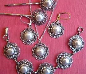 Wedding Jewelry, Full Set, Necklace, Earrings, Bracelet, 2 Hair Pins, Christmas Gift for her, Formal, Party Jewelry, Holid