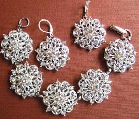 Wedding Jewelry Set, Bracelet and earrings, Silver, Crystal, Bridal Jewelry