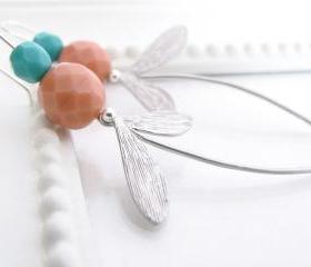 long silver pink turquoise earrings sterling silver hook - Multicolored Dragonfly
