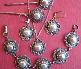 Bridesmaid Jewelry, Full Set, Necklace, Earrings, Bracelet, 2 Hair Pins, Pearl jewelry for wedding, Christmas party, gift