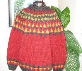 Ready to ship/Autumn Leaves Colorful Lopi Sweater- Handmade- Knitted- Wool /Size LARGE