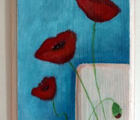 Three Red Poppies - original painting on wood