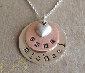 Personalized Initial Necklace Sterling Silver Charms Hand Stamped COPPER and SILVER