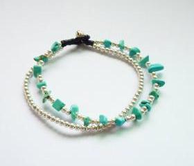 Double Strands of Turquoise Blue Chip Beads and Silver Plated Beads with Wax Cord Bracelet 