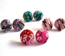 Button earrings -Japan kimono fabric (Auspicious Red, Healthy Pink, Wealthy Green and Lovely Grey)