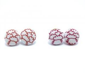Button earrings -Japan Peony Flower Red or Orange