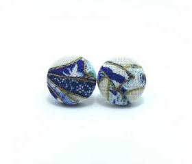 Button earrings -Japan Blue Oriental Kimono On White