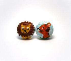 Button earrings -Lion and Tiger Earrings
