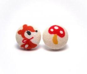 Button earrings -Bambi and Mushrooms