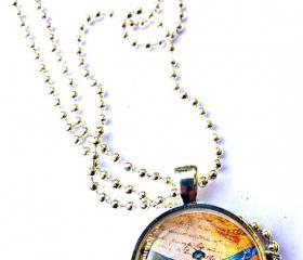 Cream, blue and brown Dragonfly Art Photo Pendant 1 ' metal & glass dome ball chain necklace. Dragonfly ball chain necklace