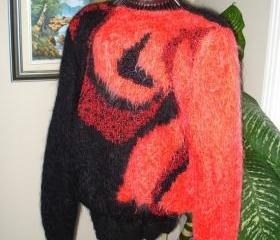 Ready to be shipped/ Black and Red Hot Days Sweater- Handmade- Knitted- Wool /Size LARGE