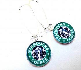 18 mm glass earrings. Starbucks glass earrings. Coffee. Mocha, latte. Green. Starbucks coffee. Sterling silver kidney ear wire.