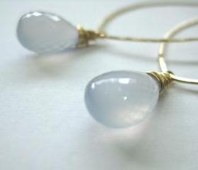 Blue chalcedony earrings, gold marquise hoops with blue gemstones