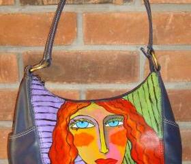 Hand Painted Handbag Purse Shoulder Bag with My Funky Abstract Portrait of a Woman