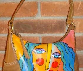 Hand Painted Handbag Purse Shoulder Bag with My Funky Abstract Portrait of a Woman