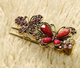 Pink Stones and Rhinestone Butterfly Claw Clips
