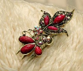  Fuchsia Stones and Rhinestone Butterfly Claw Clips