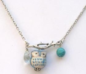 Silver Leaf Turquoise Quartz Porcelain Owl Necklace
