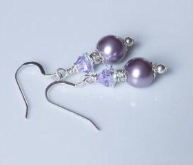 Purple Earrings - Pearl and Crystal, Swarovski - Bridesmaids - Bridal Party Gift