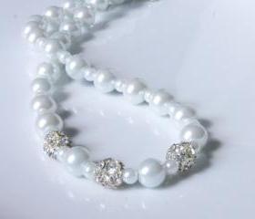 Pearl Necklace - Wedding, Bridal White Necklace accented with Rhinestone Fireballs