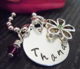 Little Girls Personalized Necklace-Hand Stamped Name Jewelry-Swavorski Flower Charm