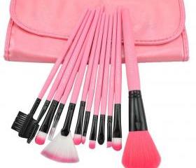 High Quality 12 PCS Professioal Makeup Brush Set with Black Leather Case - Pink
