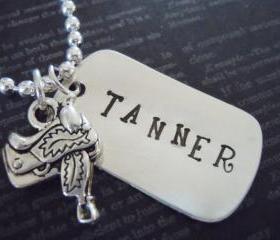 Western-Cowboy-Dog Tag-Hand Stamped Necklace-Mothers Necklace-Custom Jewelry-Saddle Charm