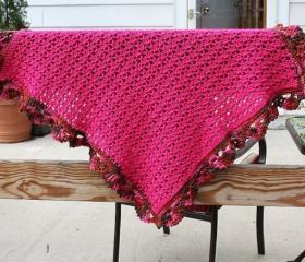 Crochet pink baby blanket shell border warm hot pink