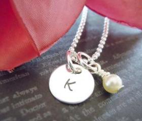 Personalized Hand Stamped Jewelry-Initial Necklace-Charm Necklace-Initial Jewelry-Swarovski Pearl