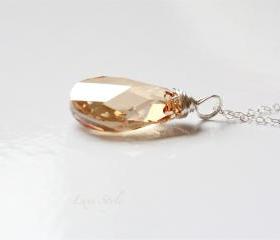 Silver Pendant with Chain, Citrine Swarovski pendant, Wire wrapped Pendant, Metal Jewelry Contemporary Luxe Style