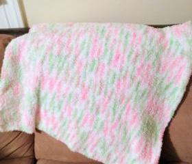 knit baby blanket - fleece - Handmade pink, green, white
