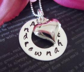 Personalized Hand Stamped Jewelry-Mother Necklace-Childrens Necklace-Puffy Heart Charm