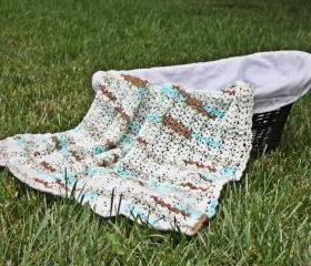 Crochet baby blanket lightweight blue brown white shell