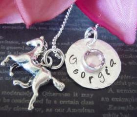 Cowgirl Necklace-Horse Charm-Hand Stamped Necklace-Cowgirl Necklace-Childrens Jewelry
