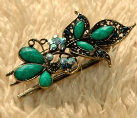 Emerald Stones and Rhinestone Butterfly Claw Clips
