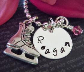 Personalized Hand Stamped Necklace-Custom Jewerly-Personalized Necklace-Childrens Jewerly-Swarovski Birthstone Charm and Ice Skate
