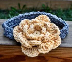 Crochet baby headband flower - Blue yellow cotton custom