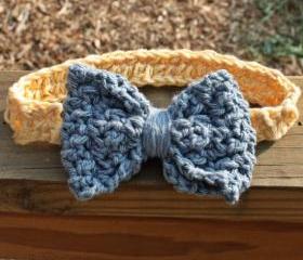 Crochet baby headband bow - Yellow blue cotton