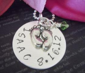 Baby-Personalized Necklace-Mother Necklace-Hand Stamped Jewelry-Mommy Jewelry-Gift Jewelry- Baby Name and Date-Baby Feet-Baby Keepsake