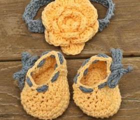 Baby shoes baby headband - yellow blue flower baby set