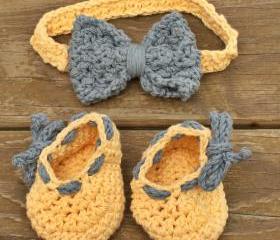 baby booties baby headband yellow blue baby set bow