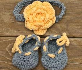 Baby booties Baby headband blue yellow baby set flower