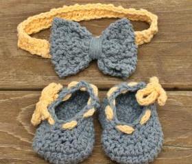 baby booties baby headband crochet blue yellow cotton set